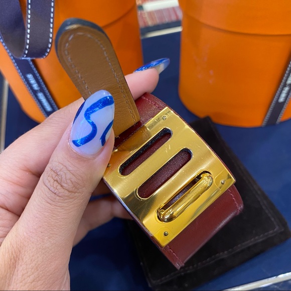 HERMES Rouge H Box Leather Gold Plated Intense cuff Bracelet Small - Picture 5 of 12